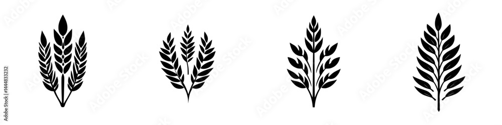 Poster set of four isolated silhouette pictograms of leaf designs for use in various graphic applications a