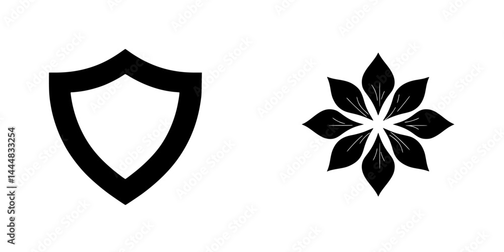 Poster silhouette pictogram icons set featuring shield and flower design for various applications