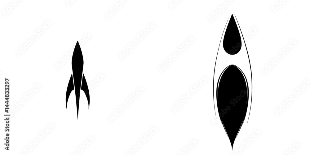 Poster vector silhouette pictogram icons set featuring a rocket and a kayak suitable for design projects an