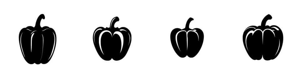 Silhouette pictograms representing various shapes of bell peppers in a minimalist style and monochromatic design