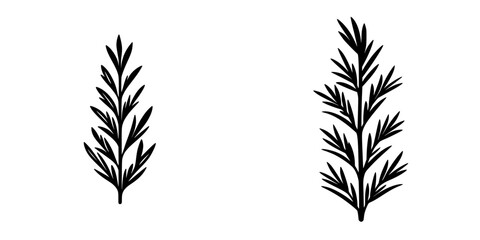 Silhouette pictogram set of isolated vector icons featuring botanical illustrations of rosemary plants in two distinct arrangements