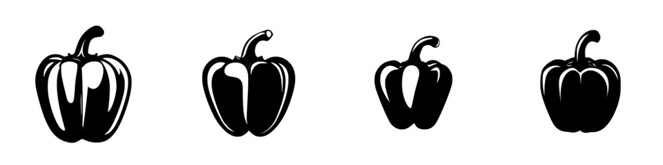 Collection of black and white silhouette pictograms featuring various bell peppers in different sizes and shapes