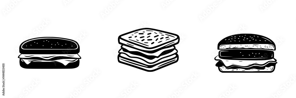 Poster vector icons representing various sandwich types in silhouette style for graphic design projects