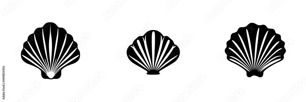Poster silhouette pictogram collection of various shell designs displayed in a minimalistic style suitable 