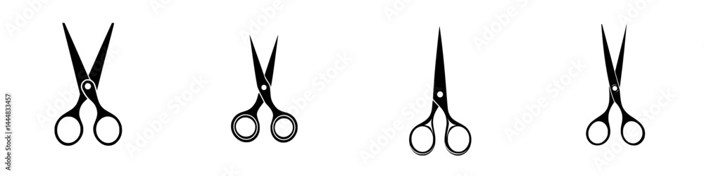 Poster collection of silhouette pictograms featuring various styles of scissors in a minimalist design suit