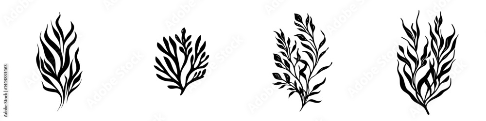 Poster silhouette pictogram set showcasing various plant designs with intricate leaf patterns suitable for 