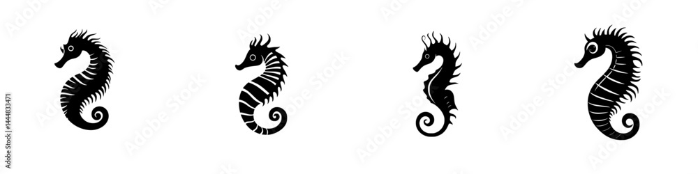 Poster silhouette pictogram set of four distinct seahorse designs showcasing unique shapes and patterns sui