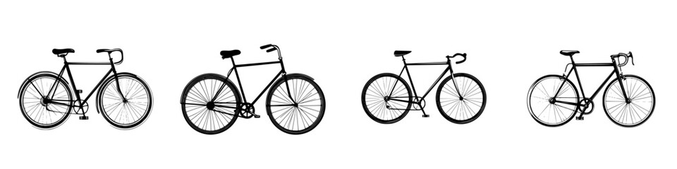 Various silhouettes of bicycles showcasing different styles and designs on a plain background