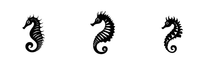 Fototapeta premium Unique set of silhouette pictograms showcasing three distinct seahorse designs for artistic or nautical themes