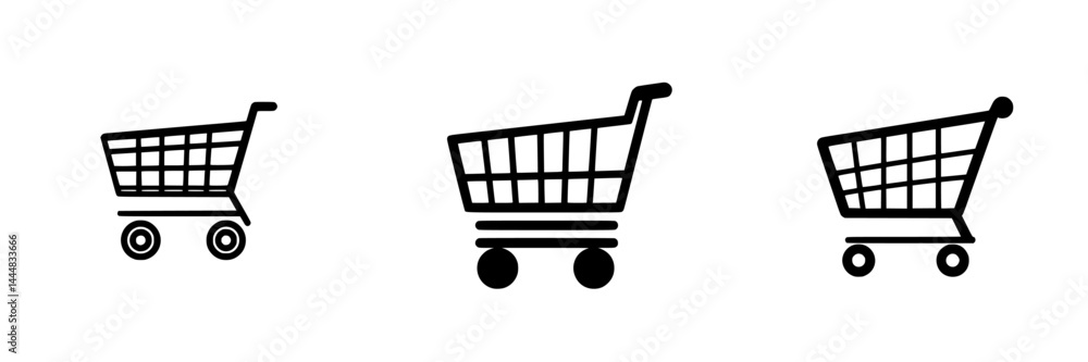 Poster collection of three unique shopping cart silhouettes representing various styles in a simple and cle