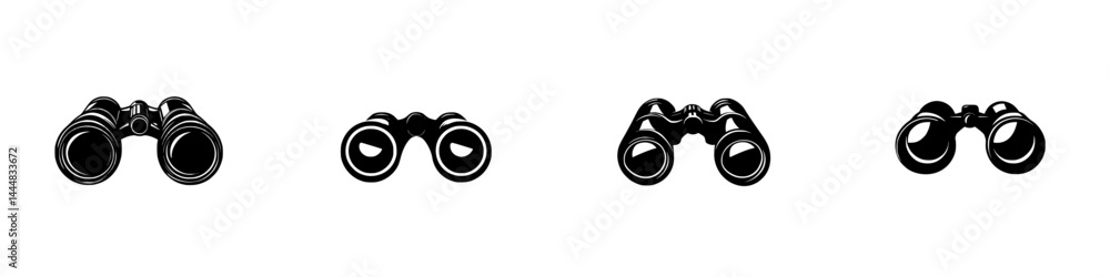 Poster collection of silhouette pictograms representing binoculars in various styles and angles displayed o