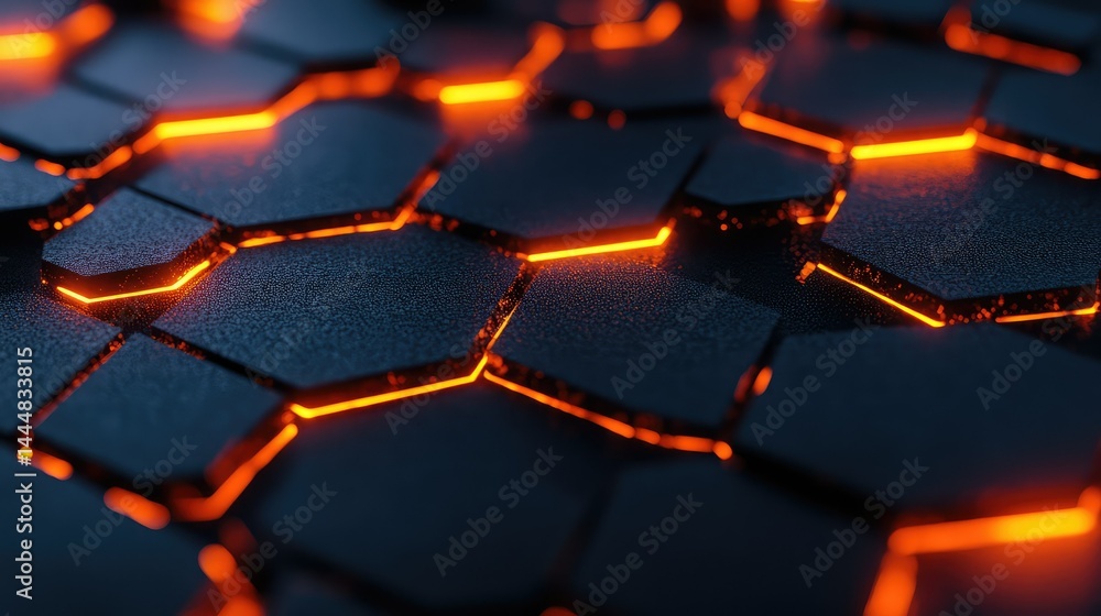 Poster abstract texture of dark hexagonal tiles with glowing orange lines creating a visually striking patt