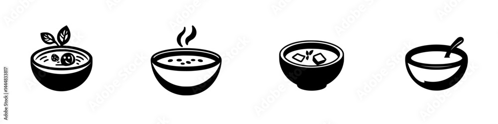 Poster silhouette pictograms of various types of soup bowls served with ingredients and steam to represent 