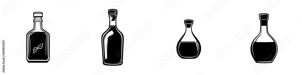 Poster silhouette pictogram icons set featuring various types of bottles for liquids in a minimalistic desi