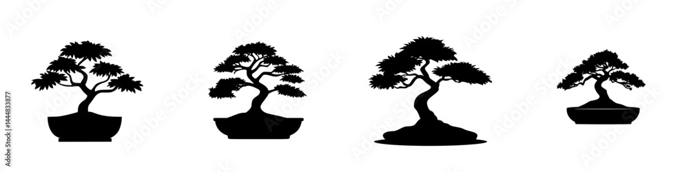 Poster Silhouette pictogram set of assorted bonsai trees in various designs and shapes in isolated vector format