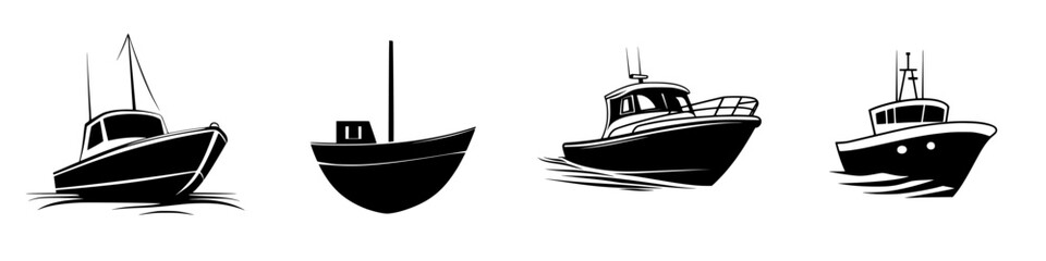 Naklejka premium Silhouette pictograms of various boats showcasing distinct designs and styles for versatile graphic use