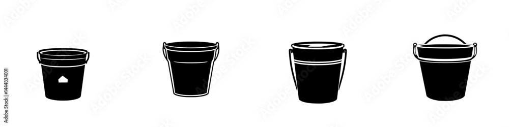 Poster variety of silhouette pictograms representing different types of buckets suitable for various applic