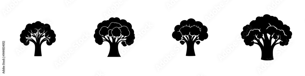 Poster silhouette pictograms representing various tree shapes in a clean and isolated vector design for edu