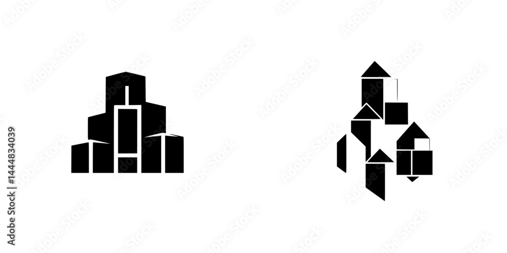 Poster silhouette pictogram set featuring isolated vector icons of abstract buildings and structures in geo