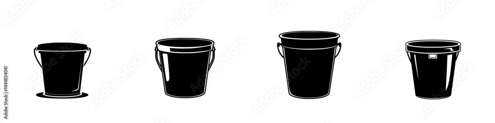 Poster set of silhouette pictograms displaying various bucket designs in a minimalistic style for graphic u