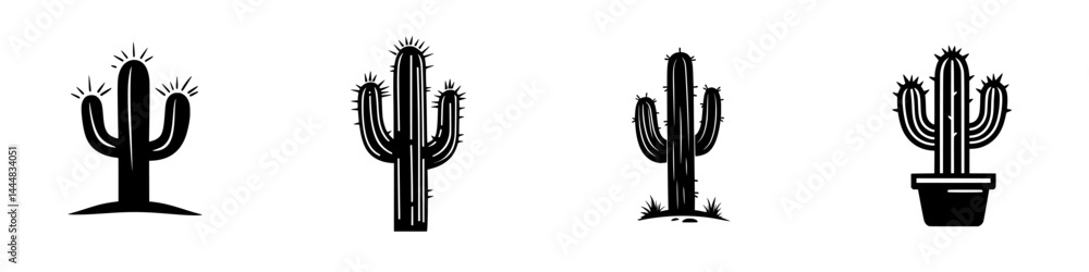 Poster silhouette pictogram icons set featuring various types of cacti in different designs and styles for 