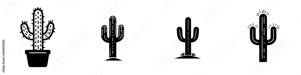 Poster silhouette pictogram icons of various cactus types in different arrangements and styles suitable for