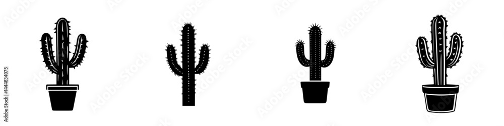 Poster set of four silhouette pictograms depicting various types of cacti in pots for visual representation