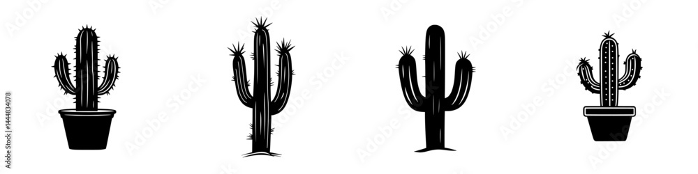 Poster silhouette pictogram collection featuring a variety of cacti in distinct shapes and sizes in black v