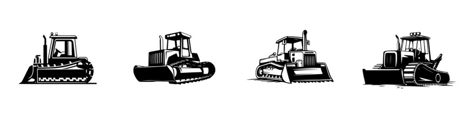Silhouette pictogram set of construction equipment showing four different types of bulldozers in isolated vector design