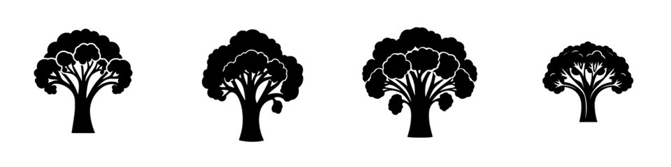 Vector icons depicting silhouettes of various tree types suitable for eco-friendly designs and environmental themes