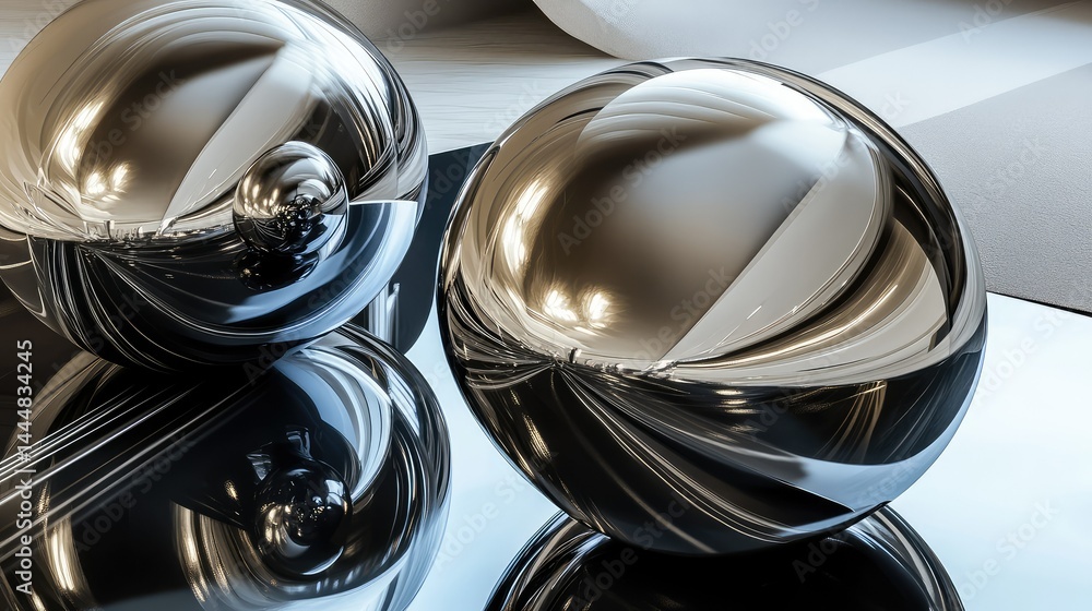 Poster reflective metal spheres displaying abstract interaction on a glossy surface with bright highlights 