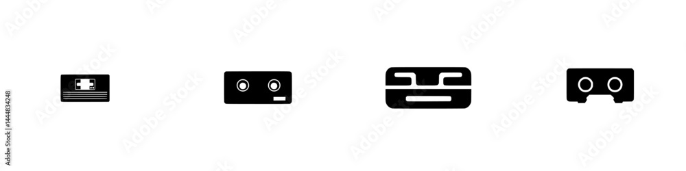 Poster silhouette pictogram icons representing various cassette tapes in a simple, modern design for user i