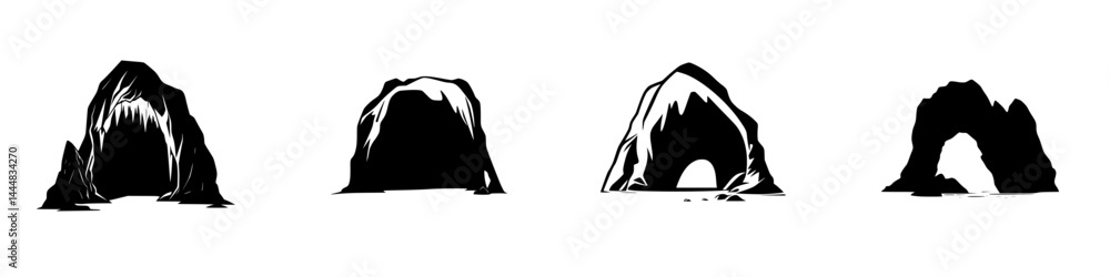 Poster silhouette pictogram of various cave formations showing different shapes and structures in a minimal