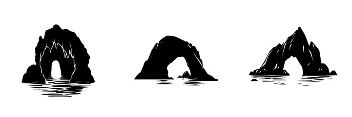 Silhouette pictograms of rock formations over water showcasing natural arches and caves in diverse styles