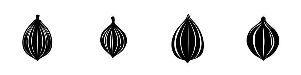 Silhouette pictogram icons set featuring various seed shapes in a minimalist design suitable for graphic projects or educational materials