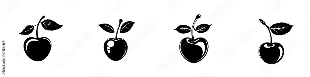 Poster silhouette vector icons set featuring cherries with various leaf designs and styles, ideal for desig