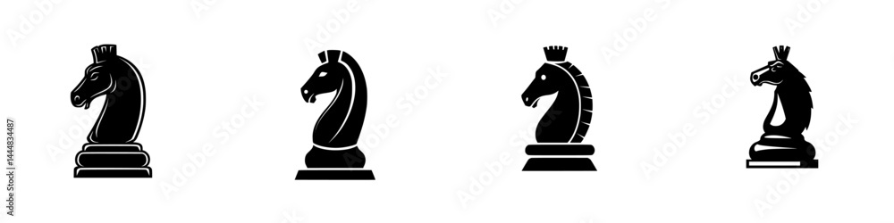 Poster silhouette pictograms of chess knight pieces in four distinct styles representing strategy and gamep