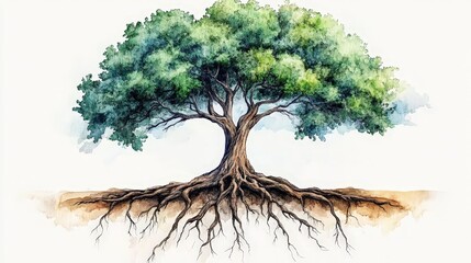 Symbolic Watercolor Tree with Visible Roots Representing Nature's Connection