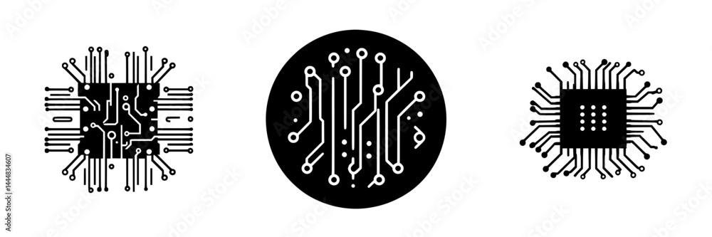 Poster silhouette pictogram icons set featuring circuit board designs in isolated vector format for technol