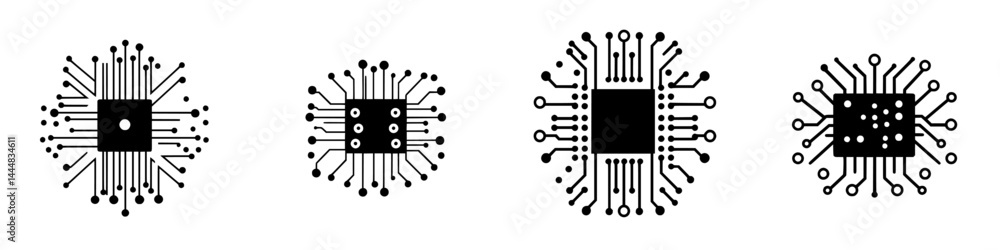 Poster silhouette pictogram icons depicting various microchip designs and circuit patterns for digital tech