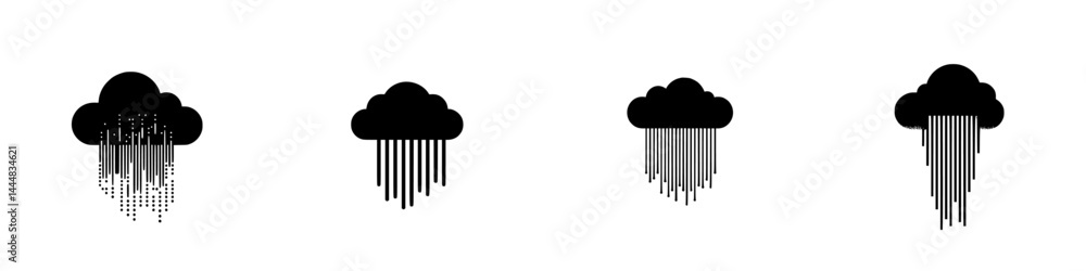 Poster vector icons of rain clouds in various designs showcasing different rainfall styles and patterns for