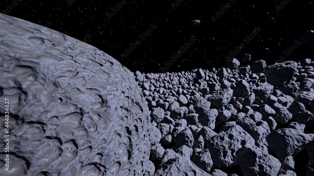 Poster a video scene of a dense asteroid field in space, captured from a low-angle perspective, showcasing 