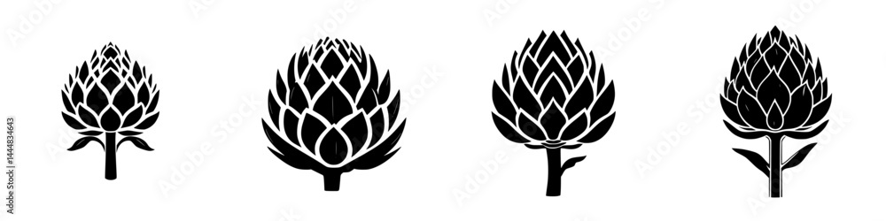 Poster silhouette pictogram set illustrating artichoke flower designs in distinct styles for graphic and de