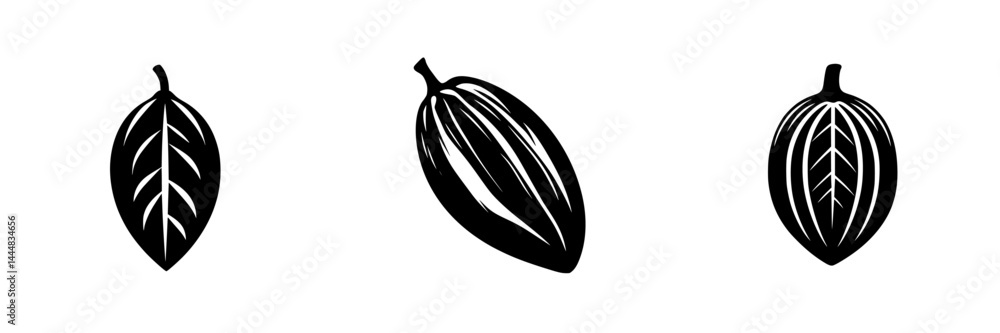 Poster silhouette pictogram set featuring three distinct cocoa leaf and pod designs suitable for botanical 