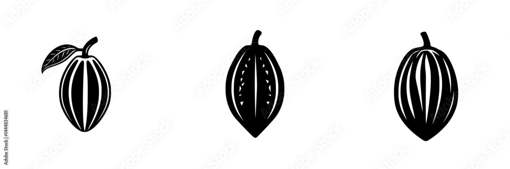 Poster silhouette pictogram icons of cocoa beans showcasing different styles and orientations for use in de