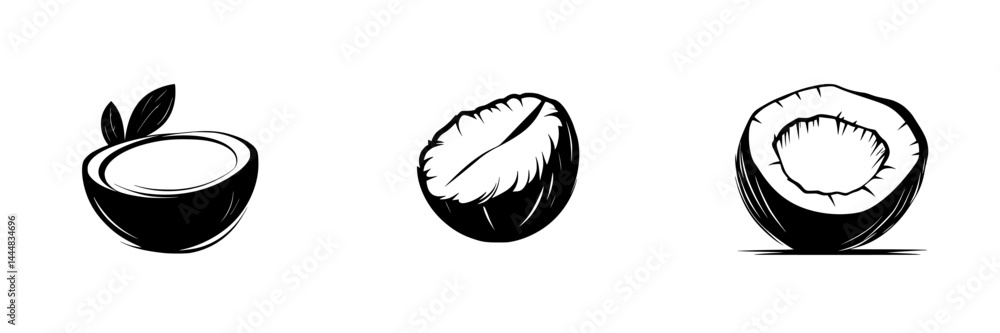 Poster silhouette pictograms of whole and sliced coconuts showing detailed shapes and textures in a minimal