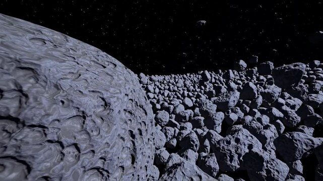 A video scene of a dense asteroid field in space, captured from a low-angle perspective, showcasing a vast array of rocky textures and starry backdrop. Live desktop wallpaper.