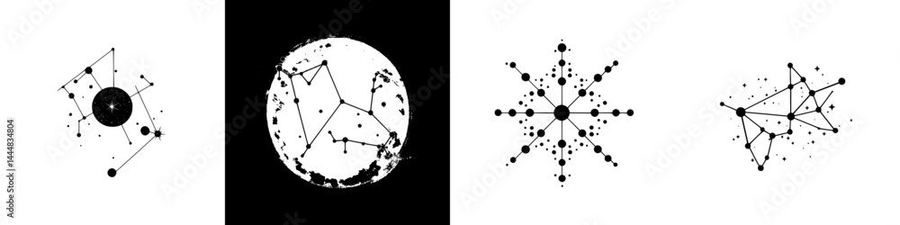 Poster silhouette pictograms representing geometric shapes and patterns in a minimalist design suitable for