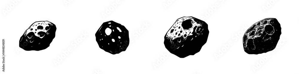 Poster silhouette pictograms representing various shapes and forms of meteorites for educational use in sci