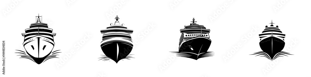 Poster silhouette pictogram set showcasing various types of ships in distinct designs and styles against a 